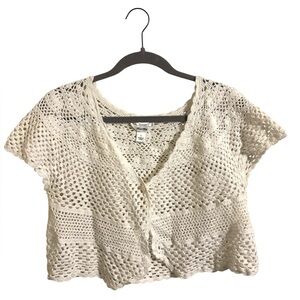 Talbots Hand Knit Cotton White Single Button Cropped Short Sleeve Cardigan Large